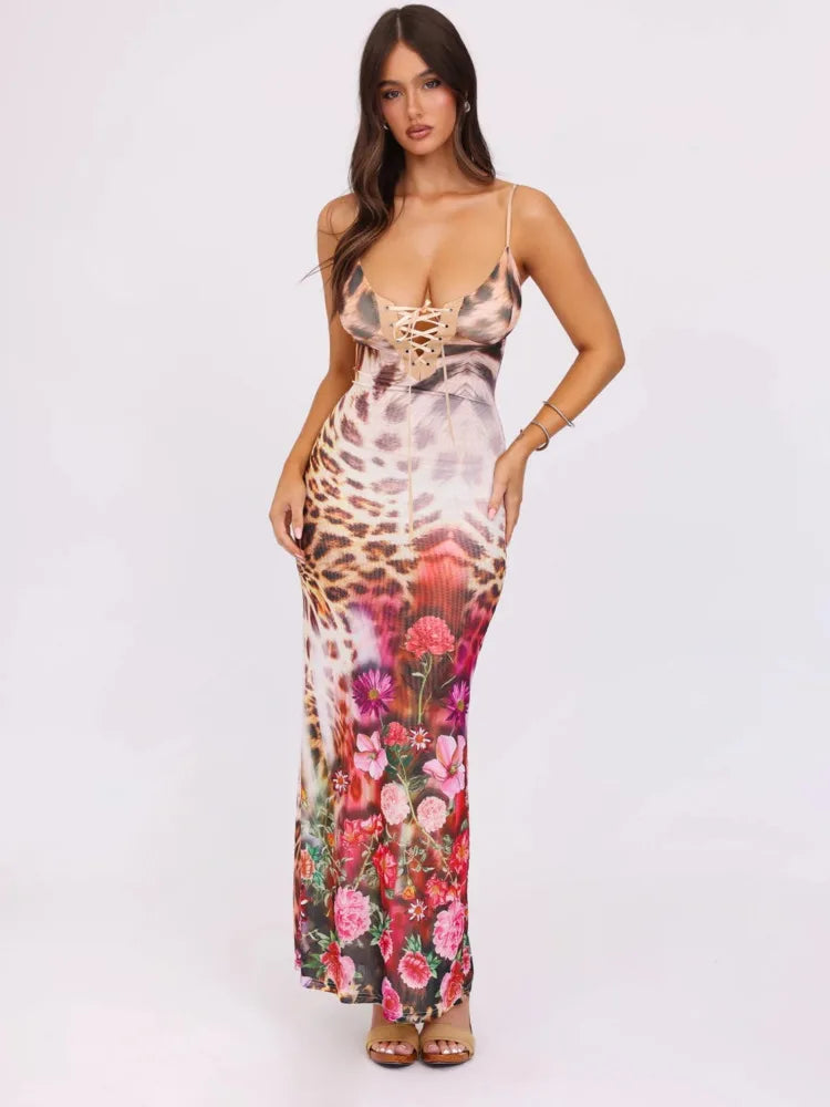 Arden Lace Up Leopard Floral Print Maxi Dress