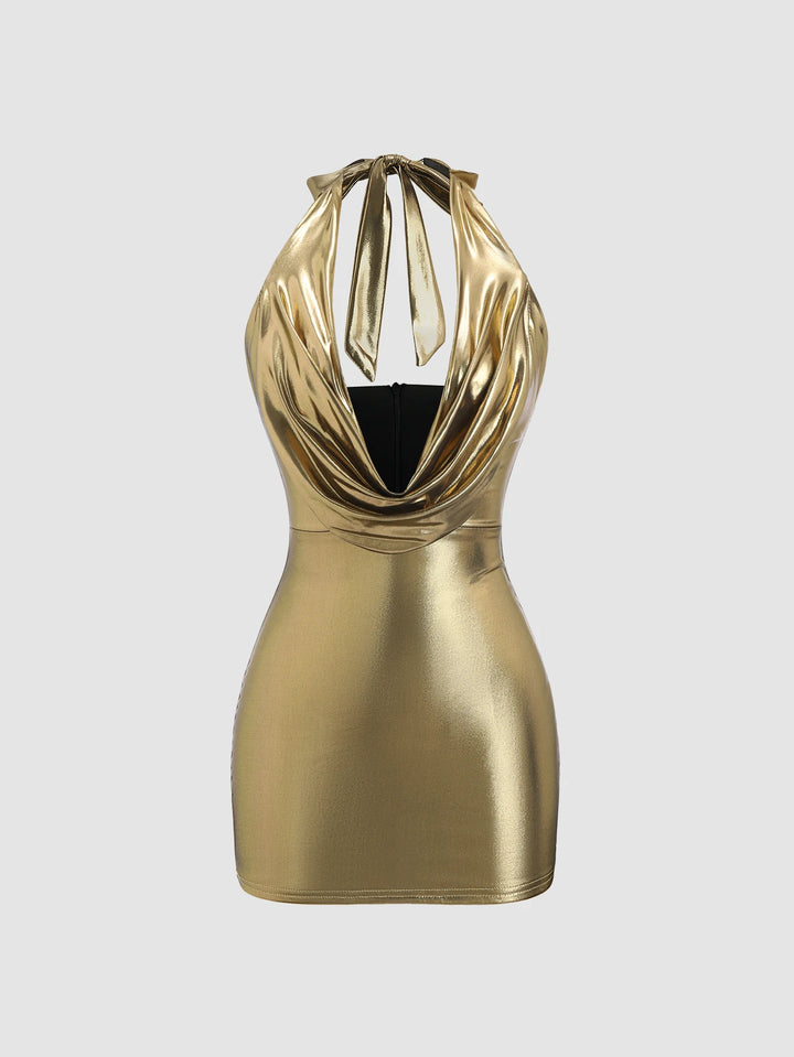 Ingrid Golden V-Neck Halter Dress