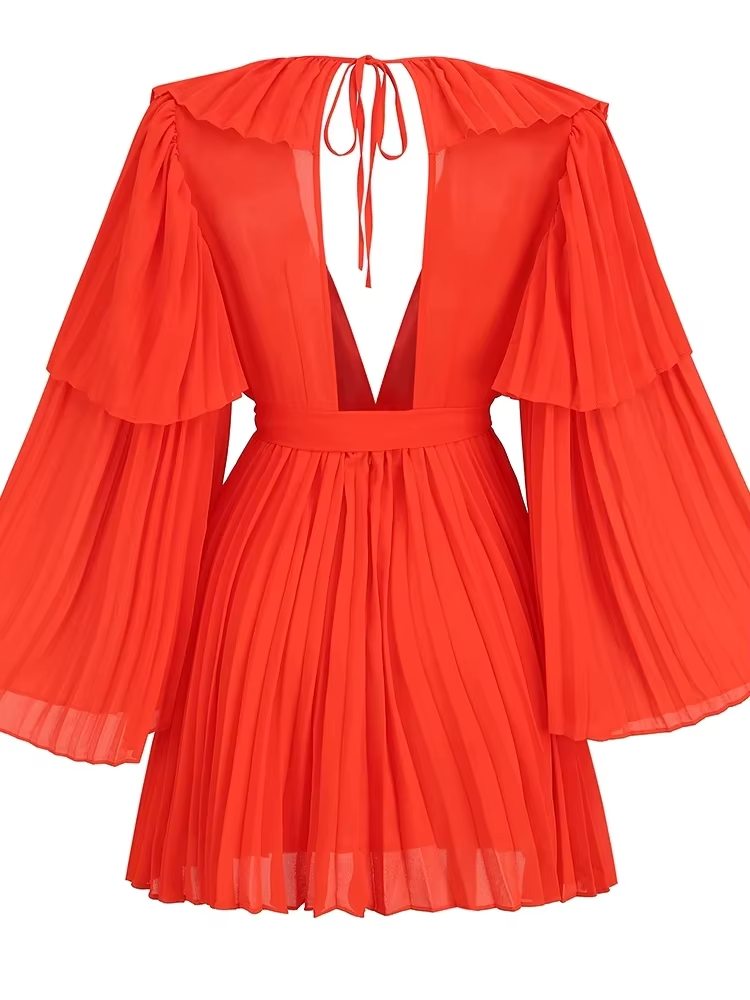 Greta Deep V Neck Flare Ruffled Dress