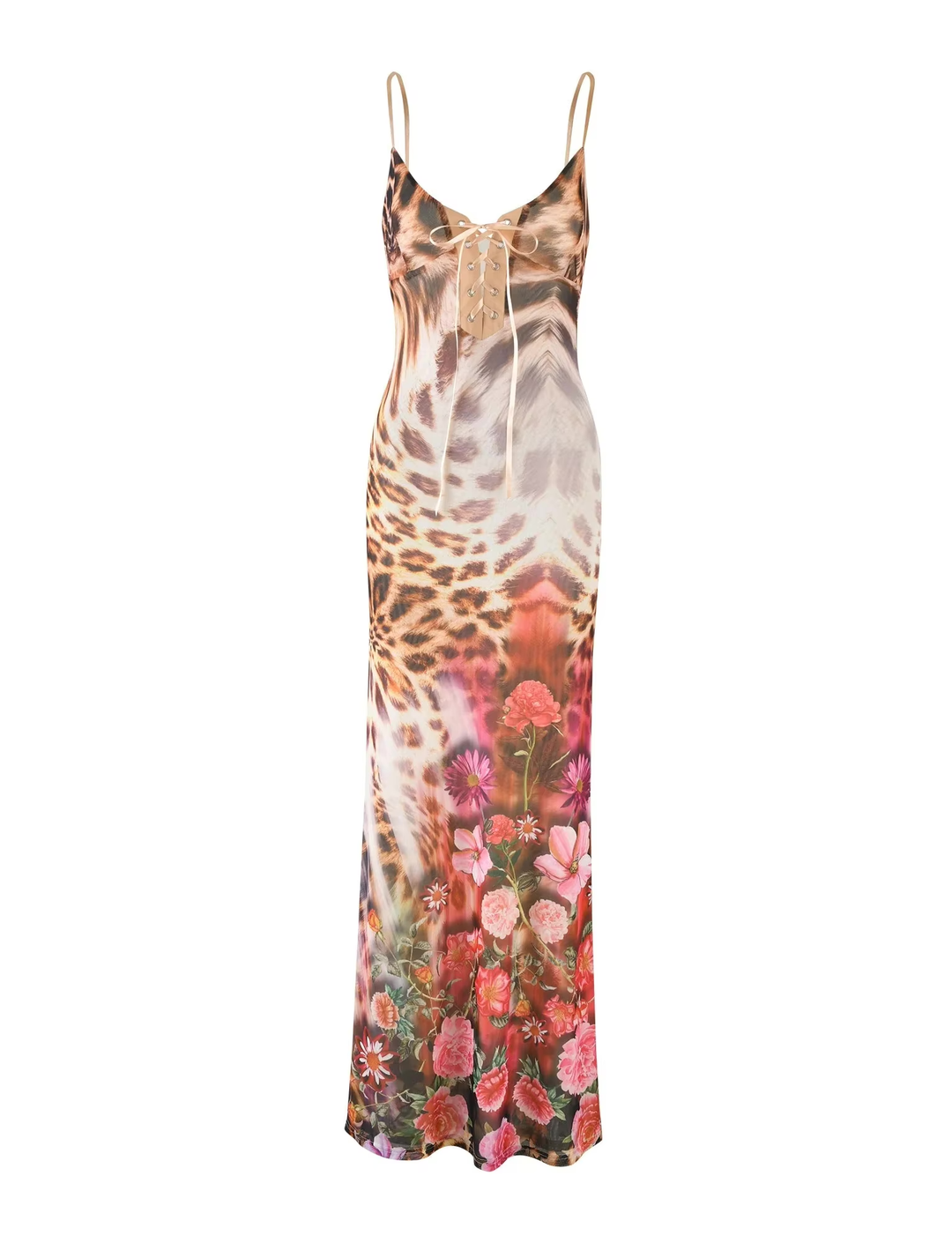 Arden Lace Up Leopard Floral Print Maxi Dress