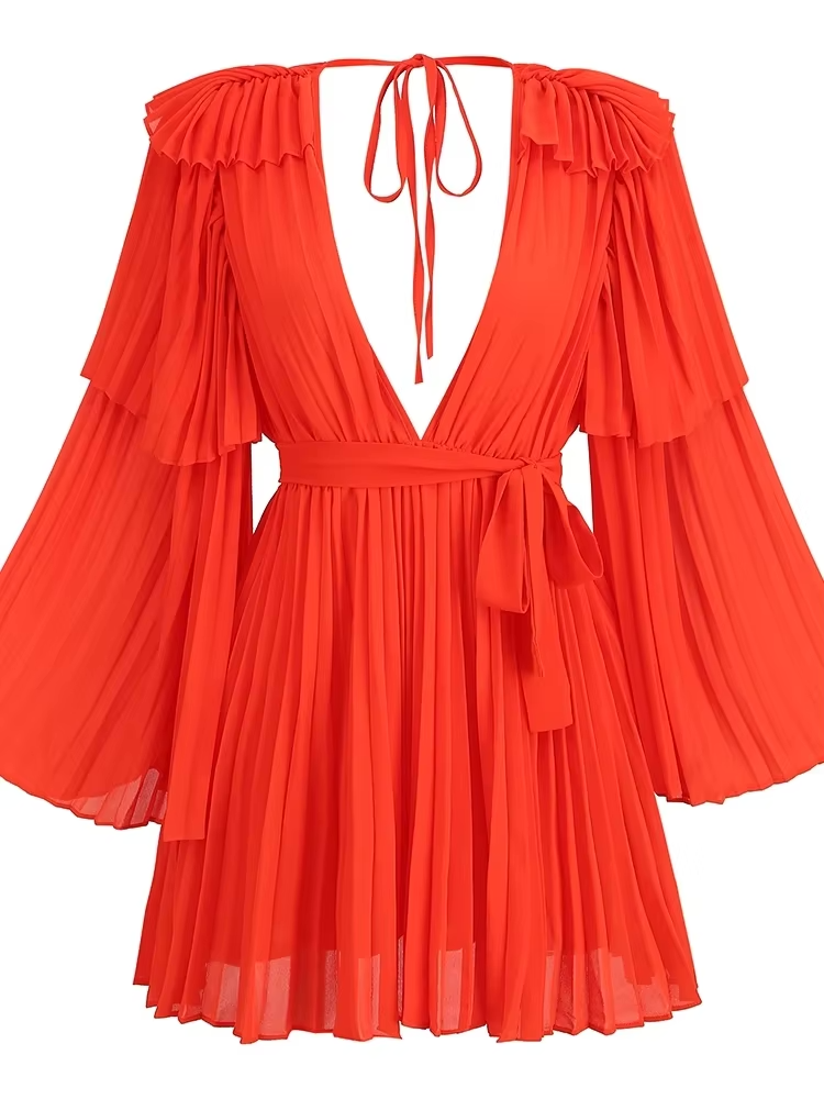 Greta Deep V Neck Flare Ruffled Dress